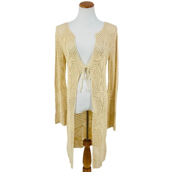 Vintage 90s Crochet Tie Front Cardigan: Boho Long Duster Sweater Coastal Grandma - Picture 2 of 16